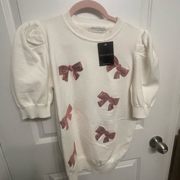 Impressions Sweaters - Impressions Cream Sweater with Mauve Sequin Bows